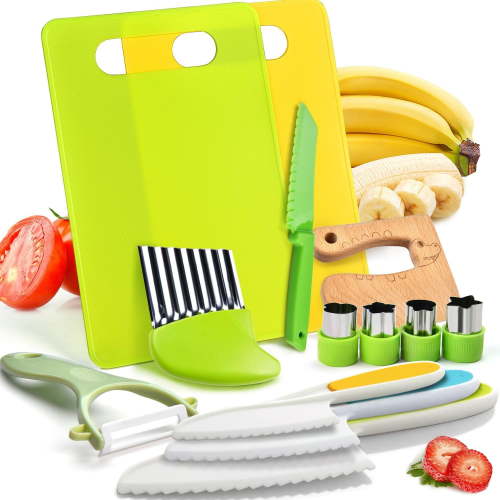 Montessori Kitchen Tools,13Pcs Toddler Knife Set Knife Set for Real Cooking-Kitchen Tools Set Include Toddler Knives Cutting Boards Sandwich Cutters Peeler for Toddler Birthday Gift