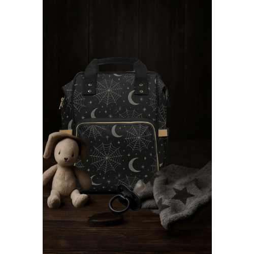 Spider Web Diaper Bag Backpack – Black Moon & Spiderweb Print – Goth Baby Bag for Alternative Moms – Gothic Baby Shower Gift