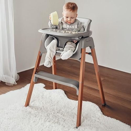 Fodoss Baby High Chair, 4-in-1 Foldable Design, Sturdy Metal Square Tube with Wood Grain, Removable Dishwasher Safe Tray, 5-Point Harness, Waterproof Cushion
