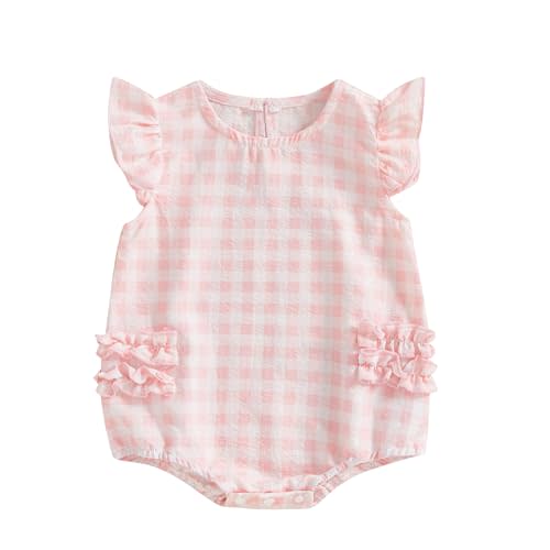 Infant Newborn Baby Girl Summer Outfit One Piece Smocked Romper Ruffle Sleeve Plaid Playsuit Headband 3 6 9 12 18M