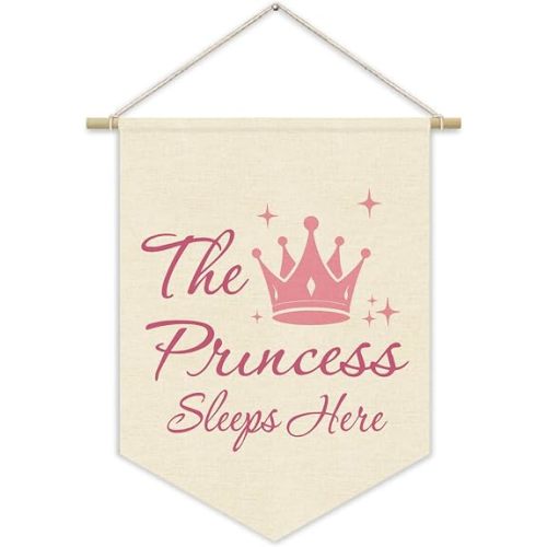 Princess Room Decor for Girls Bedroom Door Sign, Pink Cute Linen Pennant Banner for Baby Girl Nursery Wall Hanging, Princess Playroom ToddlerRoom Decorations 15x11 Inch