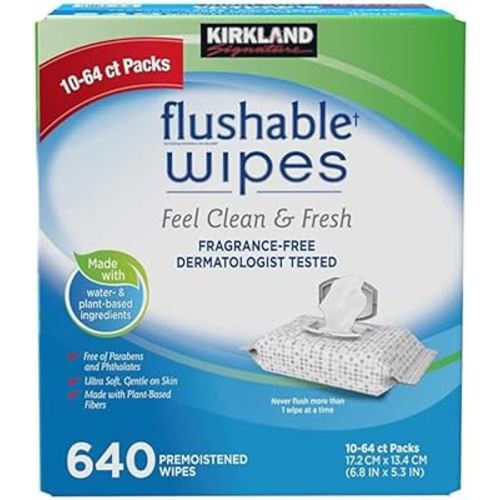 DARMEL KirkIand Baby Wipes Unscented, 640 Flushable Water Wipes (Bulk 10 Packs Of 64), Premoistened, Ultra Soft Gentle On Skin, Made With Plant-based Fibres.