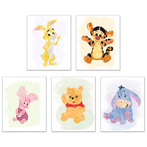 BigWig Prints Winnie the Pooh Nursery Decor - Watercolor Winnie the Pooh Wall Art, Baby Nursery Decor, Childrens Wall Art Poster Prints, Piglet Tigger Rabbit Eeyore Gifts - Unframed Set of 5 (8x10)