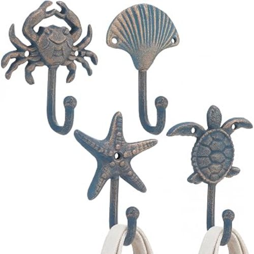 Sosation 4 Pcs Ocean Cast Iron Wall Hooks Nautical Towel Hooks Metal, Blue