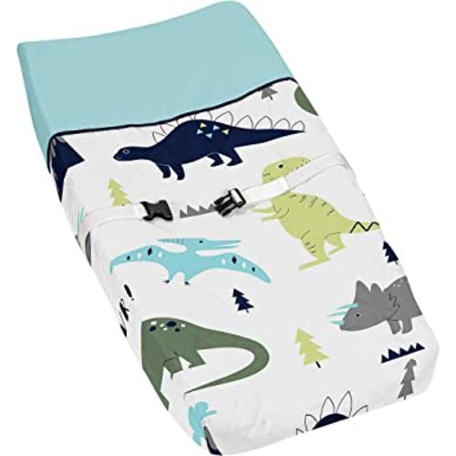 Sweet Jojo Designs Blue Green Modern Dinosaur Boy Baby Changing Pad Cover – Infant Newborn Diaper Table Change Mat Sheet - Turquoise Navy Boho Bohemian Mod Dinosaurs Prehistoric Grey and White Volcano