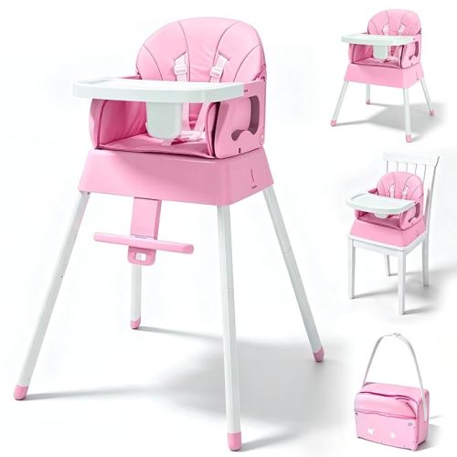 5 in 1 Foldable Baby High Chair,Convertible Highchair for Babies and Toddlers-Portable Infant Booster Seat,Foldable Dining Chair,Toddler High Chair with 5-Point Harness,Removable Tray (Pink)