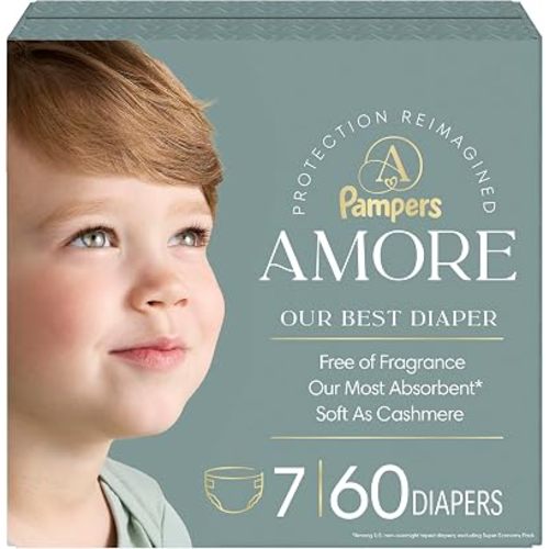 Pampers Amore, Size 7 (26-50 lbs), 60 Count, Our Best Diaper – Hypoallergenic & Fragrance Free, Up to 100% Leakproof, Soft as Cashmere