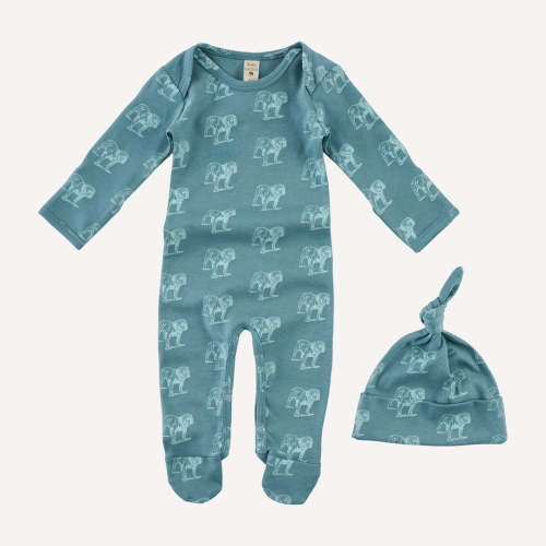 long sleeve lap neck footie + knot hat set | blue bulldog | organic co – kate quinn