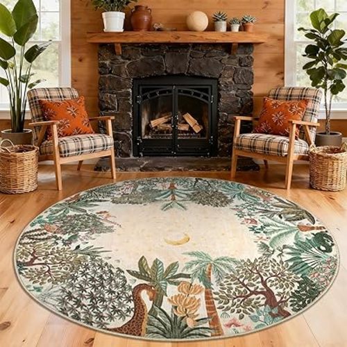 GarveeHome Round Area Rugs 8ft for Living Room, Large Beige Jungle Washable Circle Rug Soft Non Slip Forest Animal Print Floor Mat Tiger Carpet Indoor Thin Rug for Bedroom Dining Room Playroom Nursery