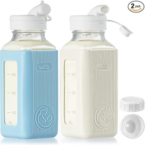 Syntic 2 Pack 16 Oz Glass Breastmilk Storage Bottle with Airtight Lids & 2 Pour Spouts, Milk Storage Containers for Fridge with Clear Scales - Day/Night Milk Collection Bottles with Protective Case