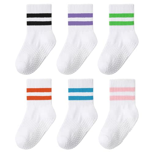 6 Pairs Toddler Grip Socks with Non-Slip, Unisex Baby Retro Stripe Heart Soft Cotton Crew Socks for Ages 3-5 Years