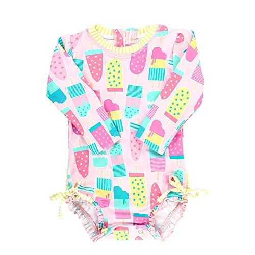 RuffleButts Baby Girls UPF 50+ Sun Protection Novelty Print Long Sleeve One Piece Rash Guard Swimsuit with Zipper