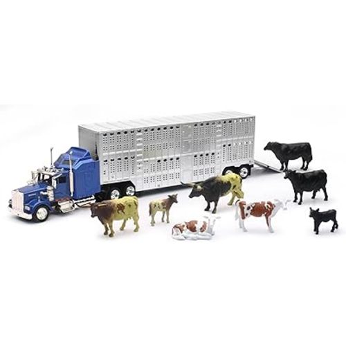 New Ray Country Life 1:43 Livestock Playset – Die-Cast Semi Truck & Trailer with 10 Cattle, Free-Wheeling Farm Vehicles, Opening Rear Door, Ages 8+, Rural Imaginative Play Set