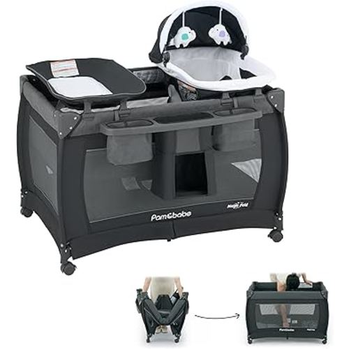 Pamo Babe 1-Second Setup 4-in-1 Playard for Babies - Heavy-Duty Steel Frame for Safe Sleep Space, Portable Crib with Changing Table, Locking Wheels, Breathable Mesh