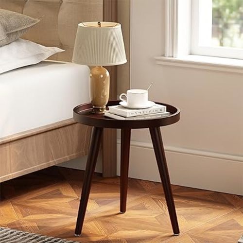 Apicizon Round Side Table, Brown Tray Nightstand Coffee End Table for Living Room, Bedroom, Small Spaces, Easy Assembly Bedside Table, 15 x 18 Inches