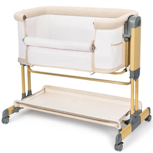 Onasti 3-in-1 Baby Bassinet Bedside Sleeper with Waterproof Mattress Cover | Rocking Bassinet for Newborns, Stable and Secure Crib, Full-Mesh Sides, 7 Height Adjustable, Side Pockets, Beige