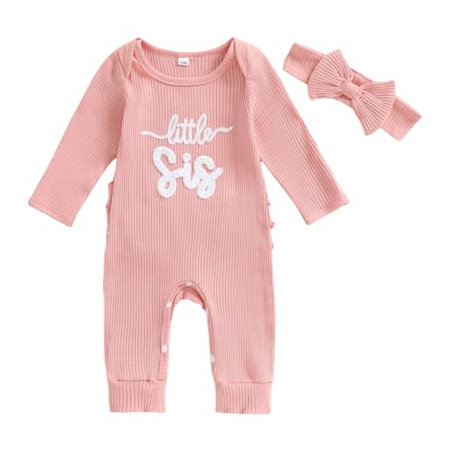 Tsnbre Baby Girl Clothes Fall Little Sister Newborn Outfit Striped Ribbed Knit Romper Long Sleeve Jumpsuit with Headband