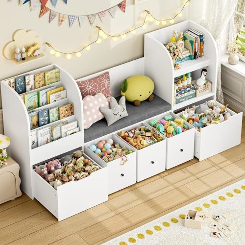 FOTOSOK Kids Bookshelf with Reading Nook, Toy Organizer with Seat Cushion