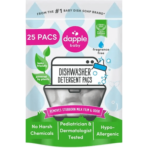 Dapple Baby Dishwasher Pacs, Hypoallergenic Dishwasher Pods Powered by Plants, Removes Milk Residue & Odor on Dishes, Baby Bottles & Kitchenware, Fragrance Free, 25 Count (Pack of 1)