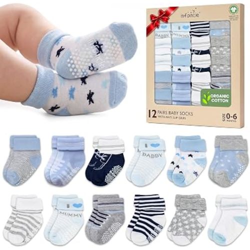GOTS Organic Cotton Blend 12 Pairs infant sock with Grip 0-6 M Boy Non Slip