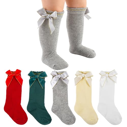 Baby Knee High Socks - 5 Pair Bow Ruffle Dress Style | Soft Cotton,Stretch & Breathable,Newborn Infants And Toddlers Long Sock,Daily Photoshoots & Holiday Special Occasions,Gift