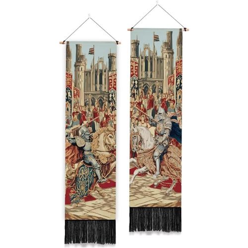 PLIGREAT 2 Pack Medieval Jousting Knights Wall Tapestry Vintage Long Wall Hanging with Tassels Decorative Aesthetic Vertical Tapestry for Bedroom Living Room Home Decorations, 52 x 13 Inch