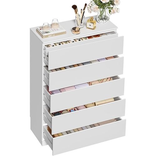 Dresser for Bedroom with 5 Drawers, 14.2" D x 31.5" W x 47.3" H, White