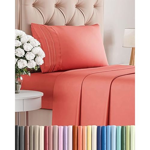 Twin Size 3 Piece Sheet Set - Comfy Breathable & Cooling Bed Sheets Set - Hotel Luxury Bedding for Women, Men, Kids, Teens, Boys & Girls - Deep Pockets, Ultra-Soft and Wrinkle Free - Oeko-Tex - Coral