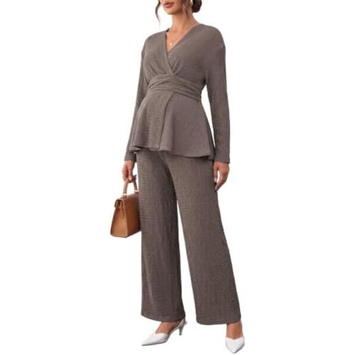 BLENCOT Maternity 2 Piece Outfits Wrap V Neck Long Sleeve Sets