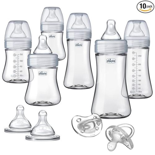 Chicco Duo Hybrid Baby Bottle Newborn Deluxe Giftset, Real Glass Inside, Lightweight Plastic Outside, Patented Invinci-Glass Technology, Intui-Latch Nipple, Clear/Grey