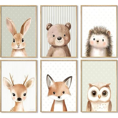 Woodland Animal Nursery wall art Jungle Animals Painting Picture Wall Decor Fox Bear Deer Forest Animal Poster Printing art work for Playroom Baby Room Kids Room Home Decoration Unframed
