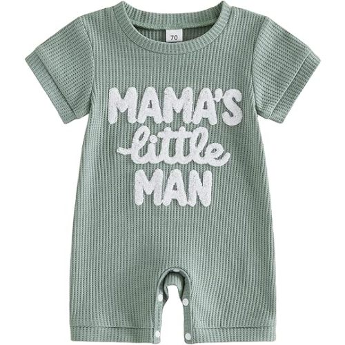 Sejardin Newborn Infant Baby Boy Summer Jumpsuit Letter Embroidery Short Sleeve Crew Neck Romper Waffle Outfit