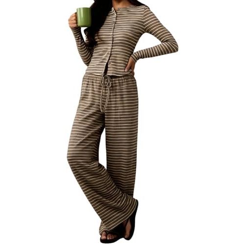codcm Women's Casual 2 Piece Matching Set Striped Long Sleeve Cardigan High Waist Wide Leg Pants Lounge Sets