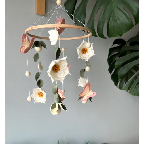 Flowers baby mobile, Butterfly crib mobile, green floral baby mobile, hanging felt mobile, cot mobile for baby girl, flowers nursery decor