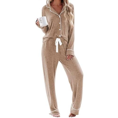 Ekouaer Women's Pajamas Long Sleeve Sleepwear Casual Button Down Loungewear Soft Pjs Set S-XXL