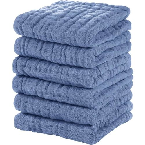 Muslin Baby Washcloths 6 Pack, 100% Cotton Wash Cloths for Babies, Large 12''X12'' Burp Cloths Absorbent and Soft for Newborn Infants Kids Boys Girls - Sapphire Blue