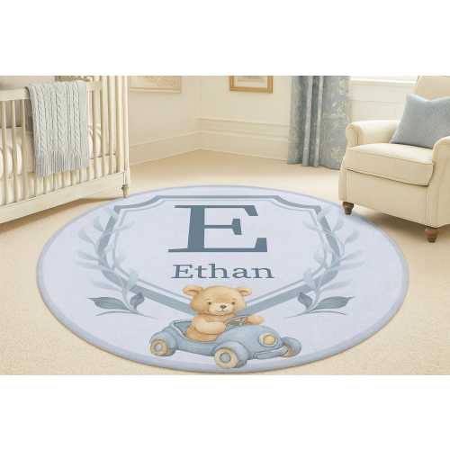 Personalized Baby Boy Rug | Custom Name Monogram Rug | Teddy Bear Car Design | Blue Nursery Round Rug Decor / Customized boy Nursery Rug