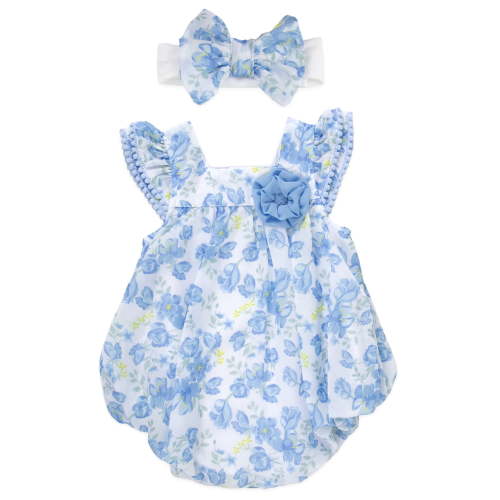 Baby Essentials 9 Months Infant Girls Romper with Matching Headband 100% Polyester Spring Summer Outfit in Blue Yellow Floral