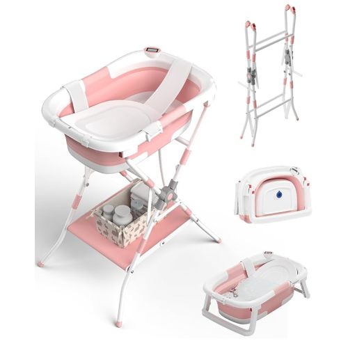 Baby Bathtub with Stand, 2-in-1 Collapsible Bath Tubs for Newborn to Toddler, Infant Bathtub with Folding Stand, Portable Bathtub for Baby Including Soft Cushion, Storage Pad (Pink)
