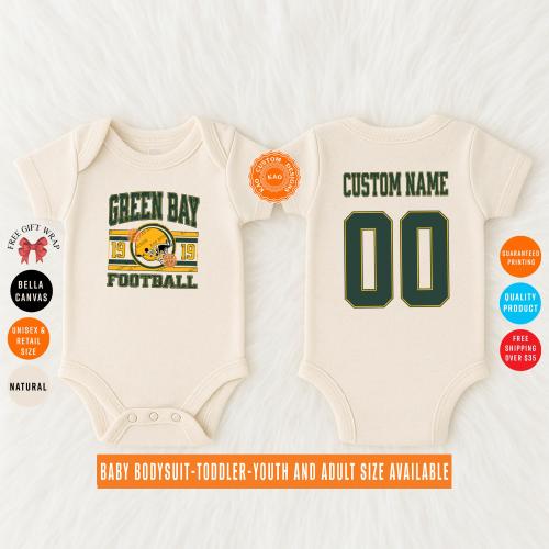 Custom Green Bay Football Baby Bodysuit, Personalized Name & Number On The Back, Packer Kids Jersey