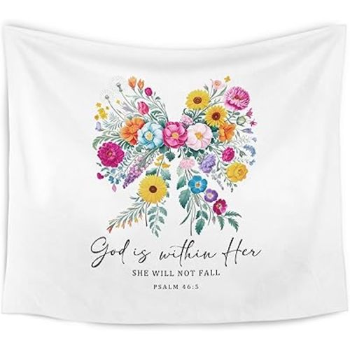 WARDOS Coquette Floral Bow Christian Tapestry, God Is Within Her She Will Not Fall Bible Verse Tapestry Wall Hanging, Religious Wall Blanket Decor for Girls Room Dorm Apartment Bedroom, 50x60 Inch
