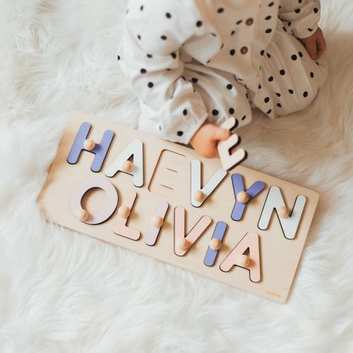 Wooden Double Name Puzzle With Pegs, Unique Newborn Baby Gift, 1st Birthday Girl Gift, Personalized Toddler Christmas Gift, Montessori Toys