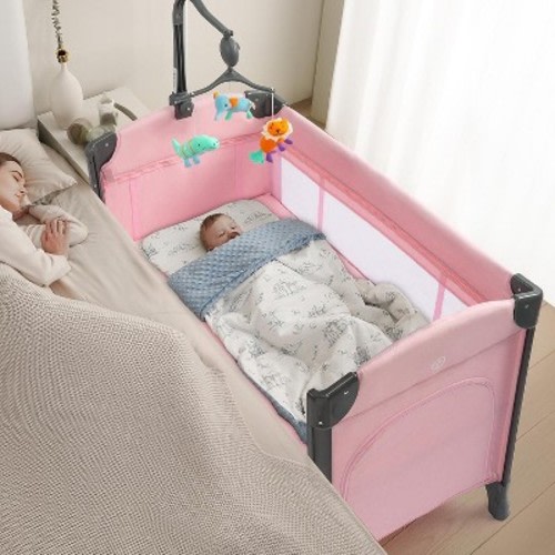 JOYMOR Baby Bedside Bassinet, Baby Bassinet, Pack n Play Convert Playpen, Quick Foldable Travel Bed, Wheels & Brake, Carry Bag for Boys Girls