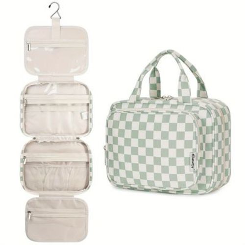 Anna-Kaci Hanging Toiletry Bag with Checkered Pattern and Multi-Layer Compartment Organizer 10.7x8x5.5in