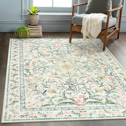 Wonnitar Boho Floral Washable Rugs 5x7, Soft Area Rugs for Bedroom, Ultra-Thin Non Slip Beige Area Carpets, Flower Print Decor Carpet for Living Room Nursery Dining Room Office