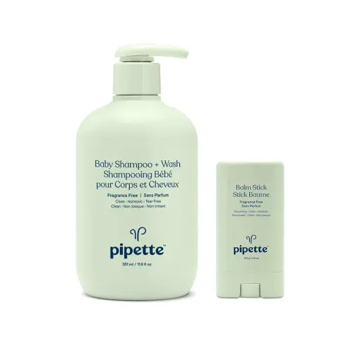 Pipette Fragrance Free Baby Shampoo + Wash and Balm Stick Duo, Clean, Tear-Free Bath Time, Sulfate-Free, Paraben-Free, Sensitive Skin, Moisturizing Diaper Balm for Dry Skin, Hypoallergenic, Non-Toxic