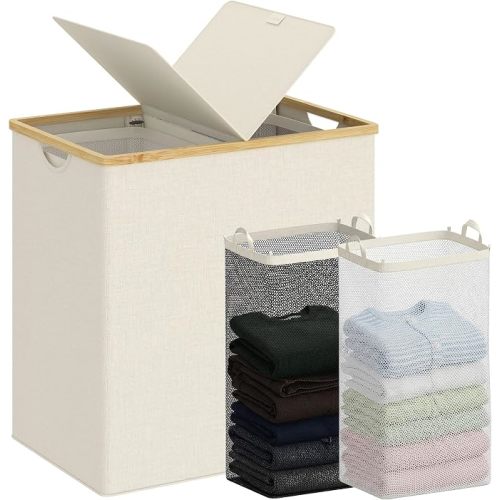 efluky Double Laundry Hamper with Lid and 2 Removable Bags, Beige