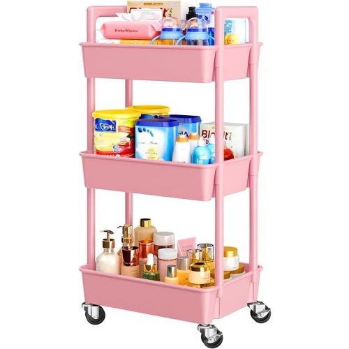 Pipishell 3 Tier Rolling Cart Organizer, Plastic Rolling Cart with Lockable Wheels & Reinforced Handle, Lightweight Utility Storage Cart for Nursery, Kitchen, Craft Room, Pink