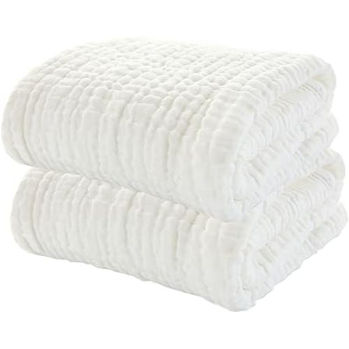 YEBON ProC 2Pcs Baby Muslin Bath Towels, Super Soft Cotton Bath Towel 6 Layers Infant Newborn Swaddle Blanket 41.3 X41.3 Inches,Baby Registry as Shower (White)
