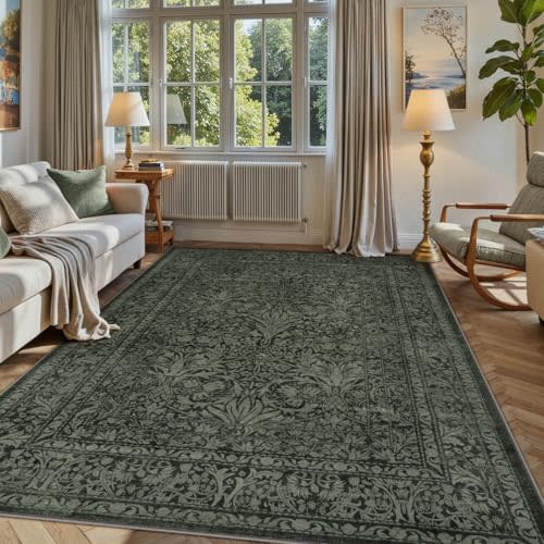 Lahome Floral Dark Green Living Room Rug, 5x7 Washable Rugs for Bedroom | Vintage Boho Non Slip Non Shedding Stain Resistant Dining Room Carpet for Under Table Room Decor